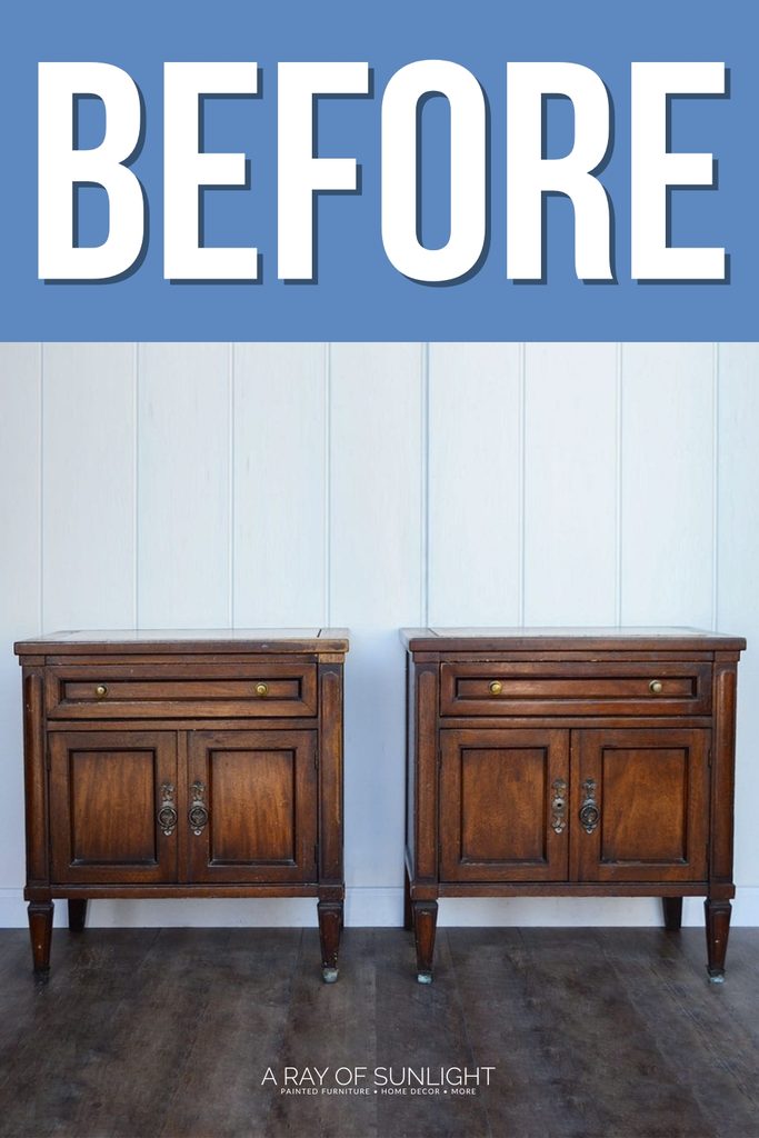 Two vintage wooden nightstands side by side against a white wall, labeled Before at the top.