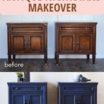 Two antique nightstands before and after being painted blue, with text Blue Painted Antique Nightstand Makeover.