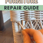 A hand holding rattan wiring to repair a white rattan furniture.