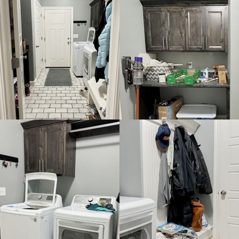 Collage of a laundry room with washer, dryer, cabinets, coats, shoes, and cleaning supplies.