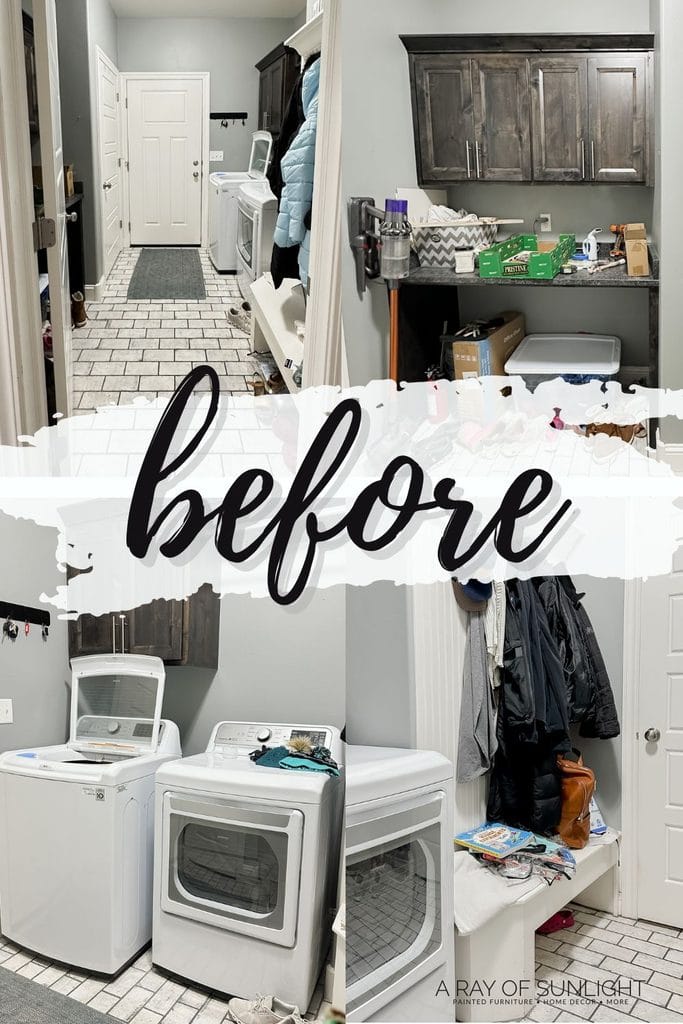 Collage of a cluttered laundry room with washer, dryer, cabinets, and coats, labeled before in script text.