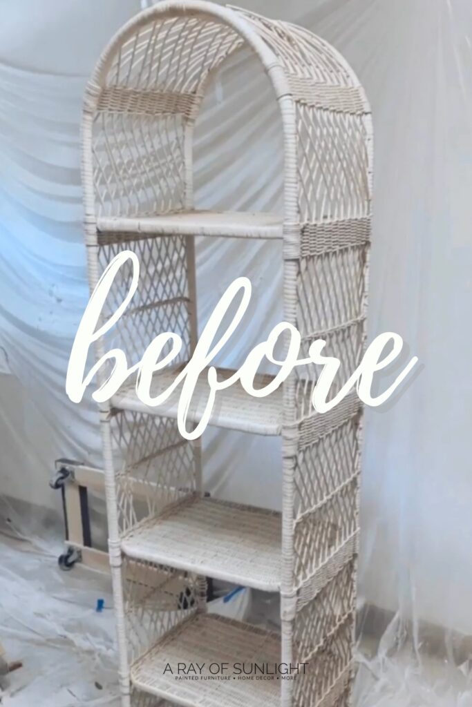 Tall, white wicker shelf with the word before overlaid in white script.