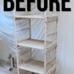 Tall white wicker shelving unit with a rounded top, labeled BEFORE.