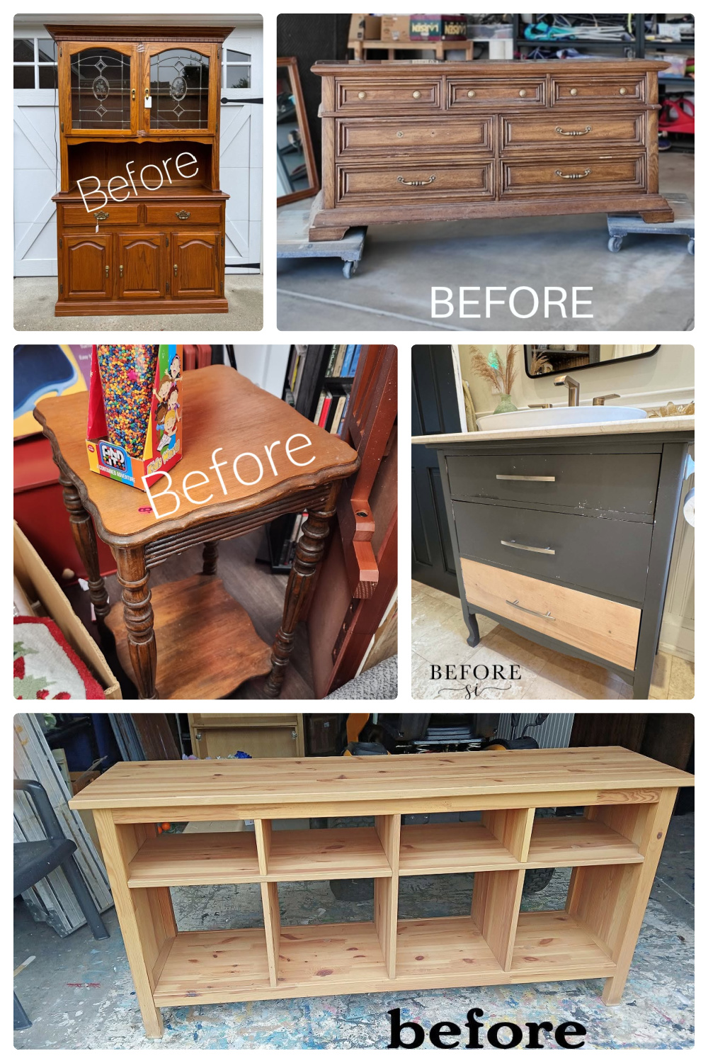 A collage showing furniture before and after restoration, including hutches, dressers, tables, and shelving units.