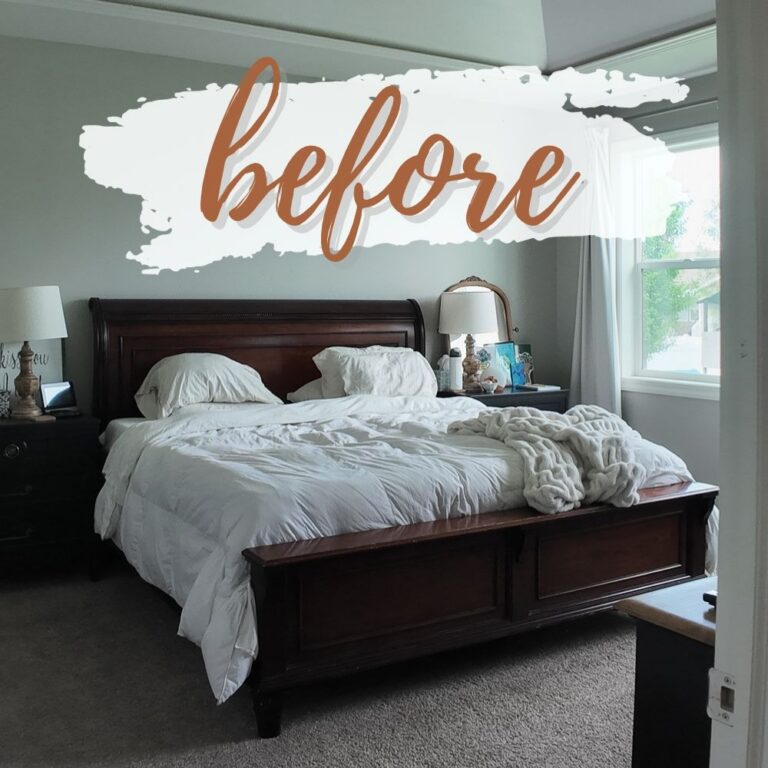 Bedroom with a dark wood bed frame and white bedding, labeled before.