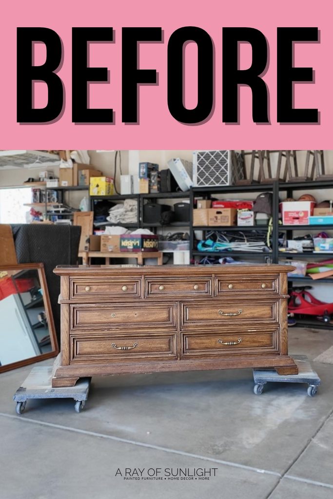 A wood dresser sitting on dollies in a garage, labeled BEFORE.